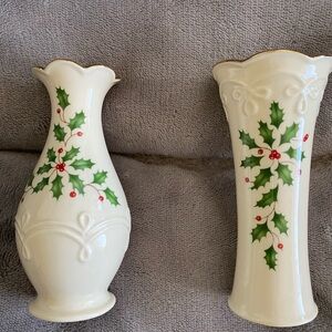 Lenox Cream and Green Holly Accented Vases